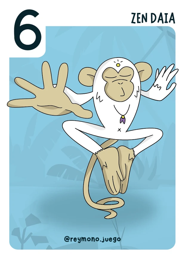 Carta Zen Daia, el mono número 6 de Rey Mono, meditando sobre fondo azul
