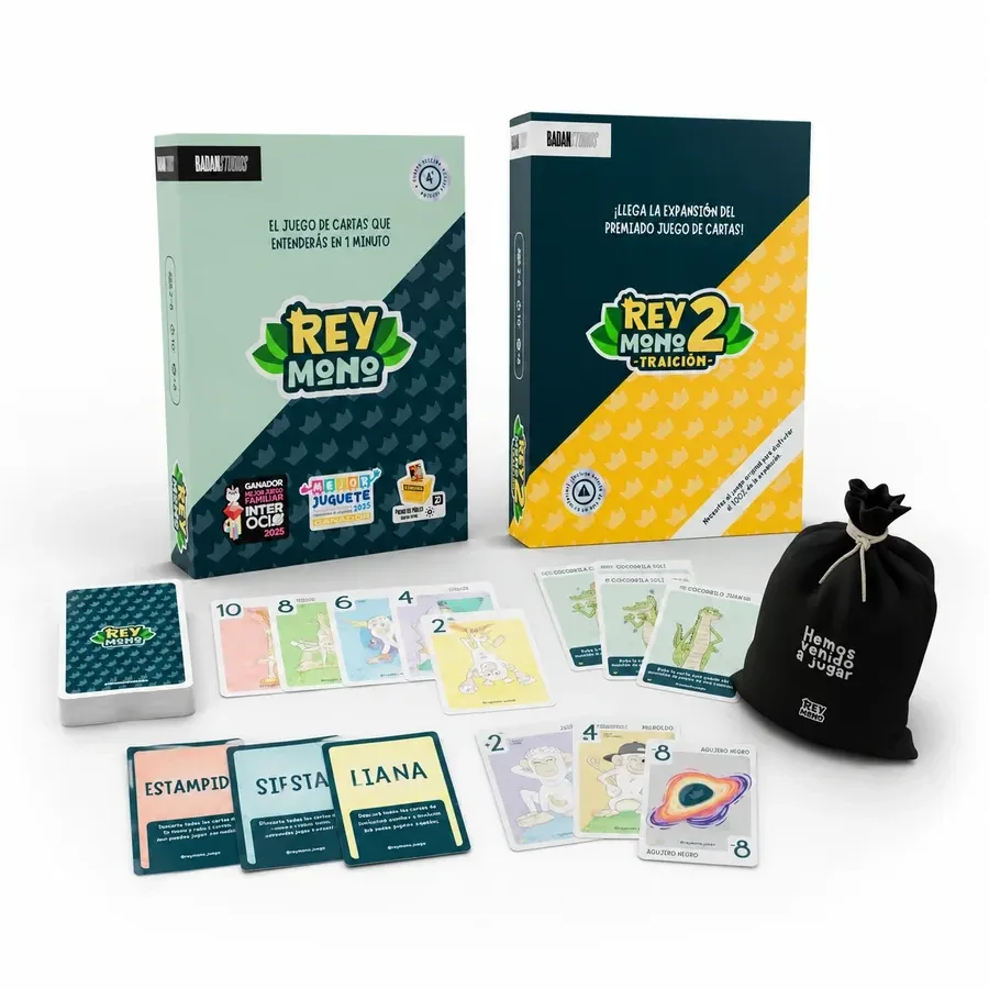 Pack de Rey Mono: las cajas del juego base y de la expansión Rey Mono 2: Traición con las cartas y la bolsa de tela desplegadas